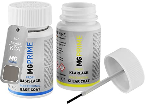 MG PRIME Autolack Lackstift für Toyota KCA Grey Pearl + Klarlack | Bismutsilber Metallic, Set aus Basislack + Klarlack, Lackfläschchen mit Pinsel, je 50ml