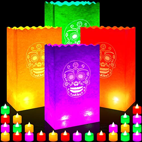 24 Set Day of The Dead Luminary Bags with 24 Flameless Candles Led Tea Lights, Dia De Los Muertos Luminary Bags Mexican Halloween Luminary Bags Paper Lantern Bags for Party Decor