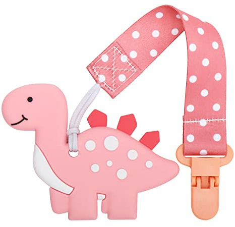 CLDY Zahnen Ring für Babys, Baby-Zahnen Spielzeug, Silikon-Zahnen Ring, baby zahnungshilfe, BPA-frei Dinosaurierform-Design, Kinderspielzeug für Babys ab 3 Monaten Babys (Dinosaur Pink)