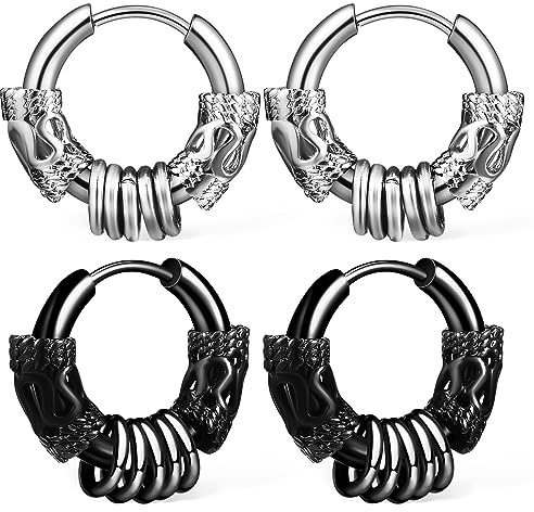 2 Paar Punk Hip Hop Creolen Perlenring Huggie Creolen Edelstahl Huggie Für Männer Frauen Vintage Ohrringe Set (Schwarz + Silber)
