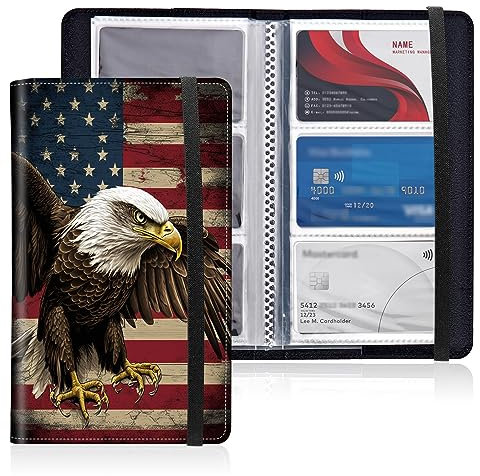 Mxfdegf Business Card Holder Book, PU Leather Business Card Book Organizer Journal Name Card Book Holder with Elastic Closure Hold 240 Cards,Name Card Holder for Men & Women,American Flag Owl