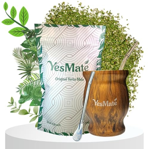 YesMate Complete Yerba Mate Kit - Includes Double-Walled Stainless Steel Mate Gourd, Bombilla Straw, Cleaning Brush & 200g Loose Leaf