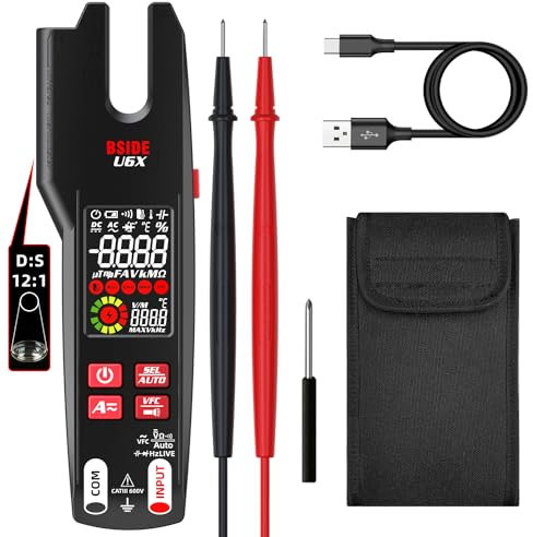 BSIDE U6X Elektrischer Tester Stromzange, offen, AC DC 600 A mit Infrarot-Thermometer, verbessert, 12:1, LCD, Farbe 9999, VFC-Zählungen, Digital, intelligent, TRMS mit wiederaufladbarem Akku