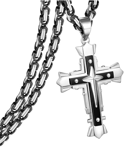 CASSIECA Chaîne Croix pour Homme Acier Inoxydable Pendentif Croix Byzantine pour Garçons Chaîne Hommes Chaine Jésus avec Chaine Royale Noir 71cm