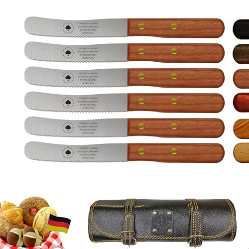 Solingen Messer 6er Set mit Wellenschliff inkl. hochwertiger Ledertasche, edler Kirsche Holzgriff, Premium Buckelmesser, Frühstücksmesser, Brötchenmesser, rostfrei, extra scharfes Küchenmesser