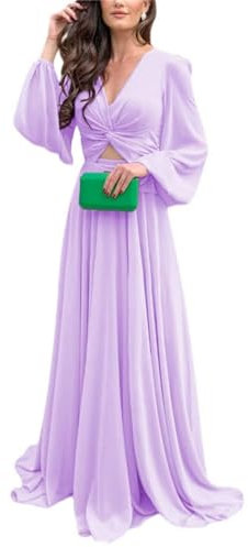 KURFACE Vestido de dama de honor de boda de manga larga con cuello en V de gasa para mujer WSX449, Lila, 36