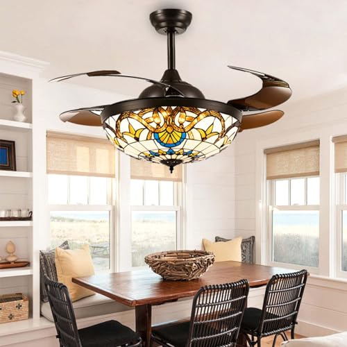 Ventilatore con Luce da Soffitto Pale a Scomparsa in Stile Tiffany, 107cm Lampadario LED con Ventilatore da Soffitto Vintage, Ventilatore a Lampadario Tre Temperature di Colore 6 Velocità-Black