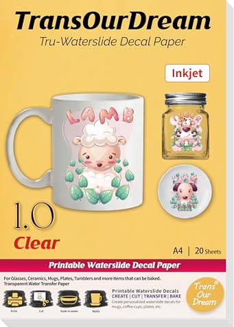 TransOurDream Tru-Waterslide Decal Paper Inkjet Clear 20 Sheets A4 Transparent Water Transfer Paper Printable Waterslide Paper for Tumblers, Mugs, Glasses(W1.0-20)