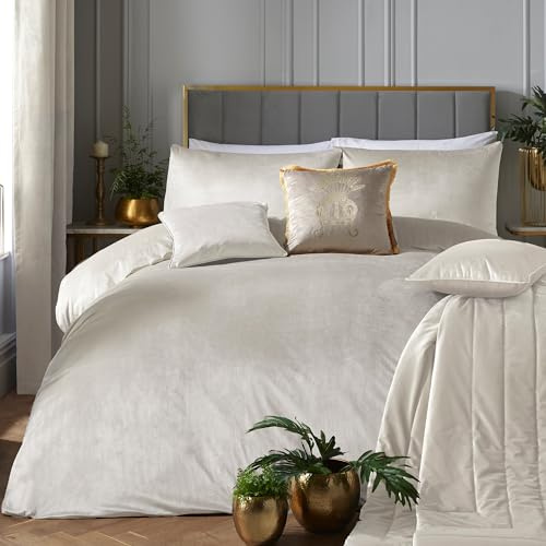 Laurence Llewelyn-Bowen Juego de Funda nórdica de Terciopelo para Cama de Matrimonio de 200 x 200 cm, Color Blanco Marfil, Ropa de Cama de Lujo Suave al Tacto, 2 Fundas de Almohada, Elegante Acabado