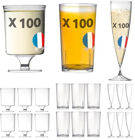 300 Verres Réutilisables et Recyclables - 100 Flûtes Champagne 13,5 cl + 100 gobelets Cocktails 30 cl + 100 Verres à Vin 17 cl - Fabriqué en France, Lavable - Qualité Supérieure et Durable