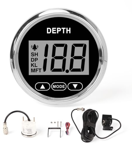 Digital Boat Depth Finder, 52mm/2in Marine Depth Gauge, Depth Sounder Dash Transducer with White Backlight for Yachts Boats Marine