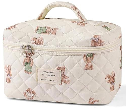 FDEETY Kosmetiktasche Damen Große Baumwolle Florale Schminktasche Kulturtasche Make Up Bag Cosmetic Bag Makeup Tasche für Reisen Beige