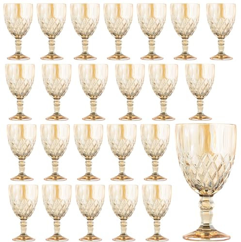 24 Pcs Vintage Wine Glasses, 11 Ounces Colored Glass Water Goblets, Colorful Unique Embossed Pattern High Clear Stemmed Glassware Wedding Party Bar Glass Drinking Cups Amber Fancy Glasses Set of 24