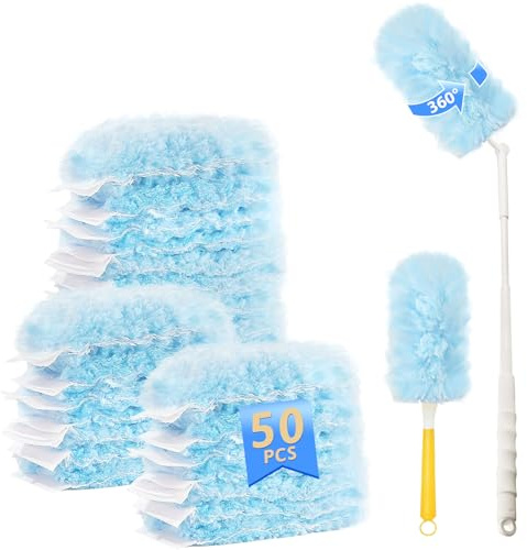 52 recambios magnéticos de polvo flash, plumeros flash para limpiar el polvo y la suciedad del cabello, recambios de plumeros esponjosos de microfibra con mango largo extensible (360°)