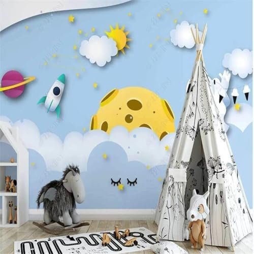 XLMING Nuages Blancs Soleil Dessin Animé Espace Planète Ciel Étoilé 3D Papiers Peints Maison Salle à Manger Bureau D'étude Canapé Chambre Salon TV Mur-430cm×300cm