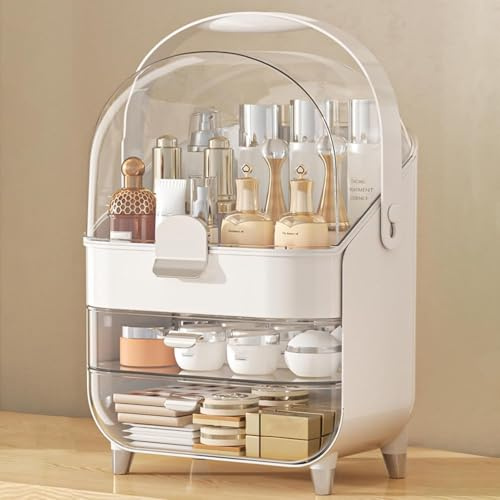 SIOOUI Makeup-Organizer mit Deckel & Schubladen – Kosmetik-Vitrine & Hautpflege-Aufbewahrung mit Staubschutz für Parfüm auf Badezimmerwaschtisch oder Kommode – Silber