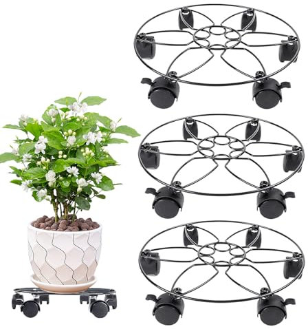 Weqizuerqi Base de cojinete de soporte con ruedas, base de carro de planta - 3x paleta de jardinera de metal 3X con 6 ruedas para macetas exteriores interiores