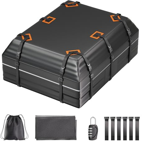 21 Kubikfuß Dachtasche Auto,595L Dachbox Auto Wasserdicht, Faltbare Dachgepäcktasche aus PVC mit Antirutschmatte, verstärkten Spanngurten, 6 Türhaken & Zahlenschloss, kompatibel für SUV, Van