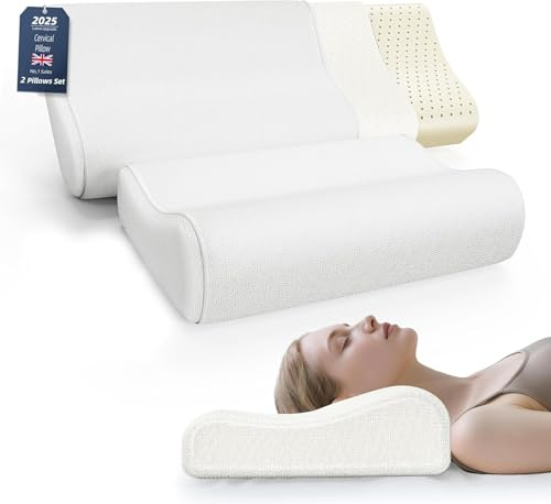 Kiseely Oreiller Ergonomique Cervical Coussin - Mémoire de Forme Confort pour la Nuque, Ferme pour Le Soutien du Cou et des épaules, Pillow de lit avec Housse Lavable (Lot de 2)