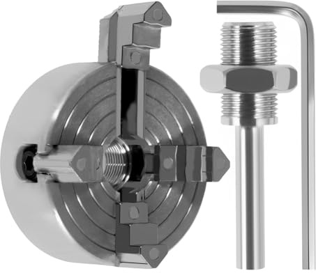 DHYAWUER 4 Jaw Lathe Chuck, Silver Sturdy with Wrench and Connecting Rod,for Woodworking Lathes