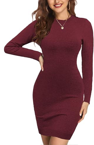 Zeagoo Vestidos de Punto para Mujer Cuello Redondo Vestido de Jersey Elegante Manga Larga Vestido Burdeos L