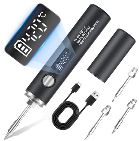 KKMOL Juego de soldador con batería, soldador recargable por USB, con pantalla LCD y modo de iluminación, 5 temperaturas ajustables 260 ℃-450 ℃, juego completo profesional seguro - negro