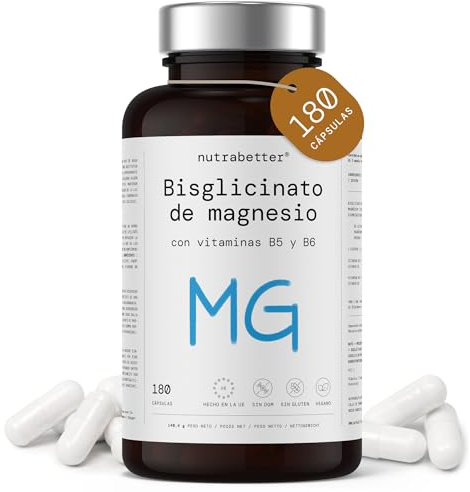 Magnesio Bisglicinato | 300 mg de Magnesio Elemental por dosis diaria | 180 Cápsulas Veganas | + Vitaminas B5 y B6 | Reduce Cansancio, Fatiga y Estrés | nutrabetter®