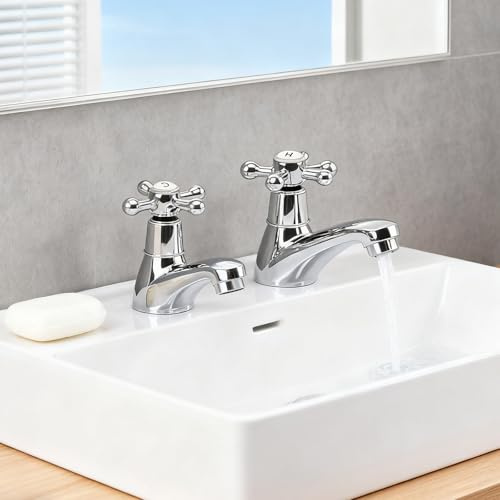Basin Taps Pair, Yolispa Dual Lever Traditional Bathroom Faucet, Zinc Alloy Two Wash Basin Tap Hot and Cold Taps Separate 2 Holes