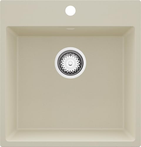 PRIMAGRAN Fregadero Cocina al Mueble 50cm + Kit de desagüe, 48x50cm | Set: Kit de desagüe (sifón, válvula, rebosadero) + Riga 1 Seno Granito, Beige