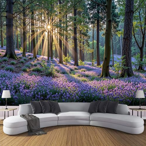DLERFLOVR Wall Mural Wallpaper 200x140cm Photo Wallpaper Forest Landscape Poster Picture Sun-Drenched Bellflowers Wall Covering for Bedroom, Living Room, TV Backdrop, Green