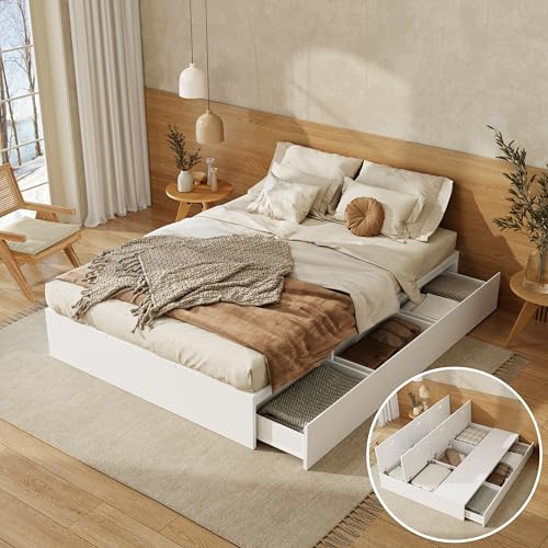VSOGA Stauraumbett 140 x 200 cm,Palettenbett, Doppelbett, Funktionsbett, Massivholzbett, mit Stauraumbox unter dem Bett, mit Schubladen, mit Stauraum, ohne Matratze, weiß