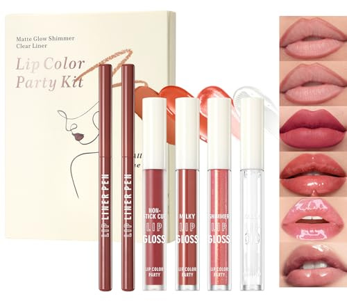 6Pcs Hydrating Lip Gloss with Lip Liner Set, Moisturizing High Shine Nude Lip Oil, Lip Liner Pencil Plumping Smooth Lip Care Long-Lasting Liquid Lipstick Pack