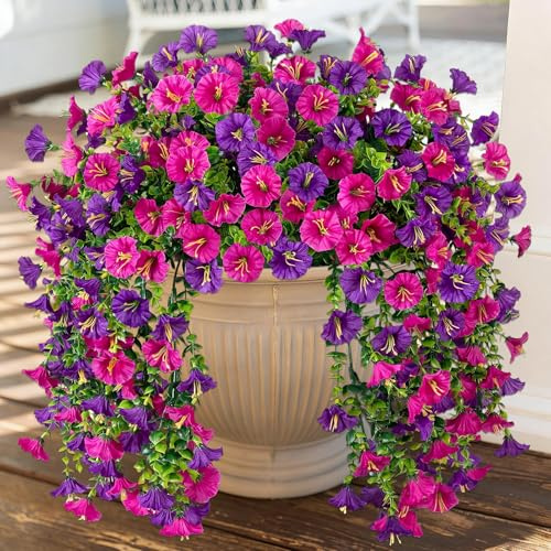 4PCS Artificial Hanging Flowers Outdoor Purple Fake Flowers Silk Faux Morning Glory Faux Petunias Resistant Fake Trailing Plants Vines for Home Patio Garden Porch Spring Decorations