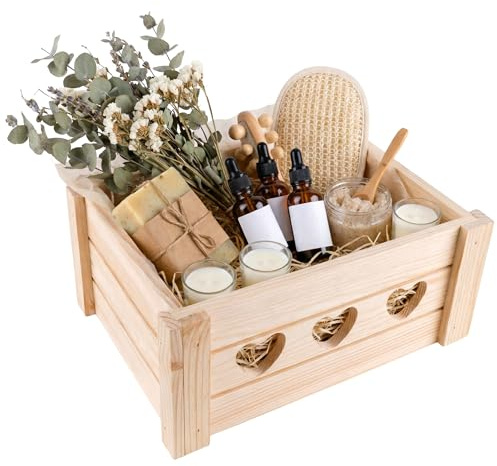 Creative Deco Große Deko Holzkiste Geschenk Obstkiste Holz Korb 32x20x13 cm | (+/-1cm) | mit Herzen | ohne Deckel | Unlackiert Holzbox Kiste | Für Dokumente Wertsachen Spielzeuge Werkzeuge