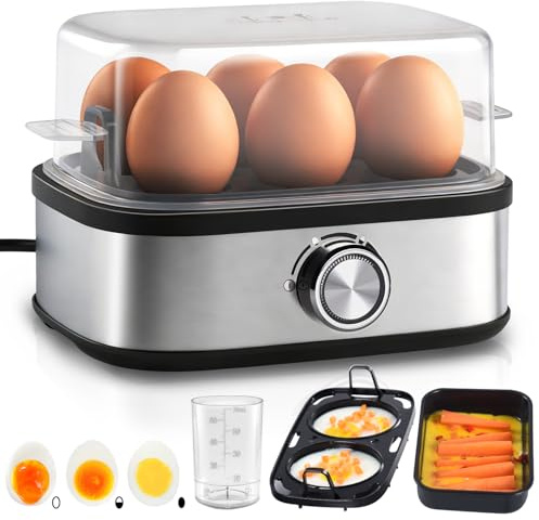 Eierkocher 6 Eier mit BPA-freiem Omelett-Maker, Tablett und Eierbecher, Akustisches Signal, Egg Boilers Kocht Alle Drei Garstufen [weich|mittel|hart] in Nur Einem Kochvorgang(Schwarz)
