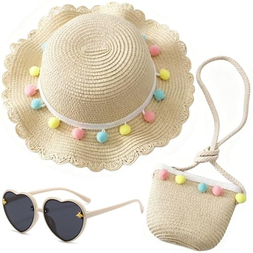 Sombrero de Paja Niñas, Gorra de Sol Chica y Bolsa de Paja Set Gorro de Playa Gafas de Sols Playa de Verano Sombrero Mini Bolsa Cruzada de Pajas Sombreros para Beach Viaje Piscina(Beige)