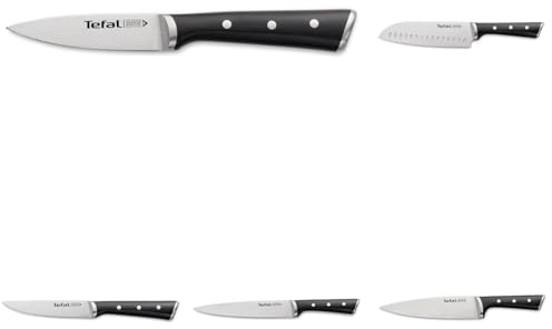 Tefal Set de 5 couteaux Ice Force ; Lame en acier inoxydable allemand, Coupe performante, Tranchant longue durée, Garantie 10 ans. Couteau à éplucher 9 cm, Couteau Santoku 18,5 cm, Couteau de chef 20