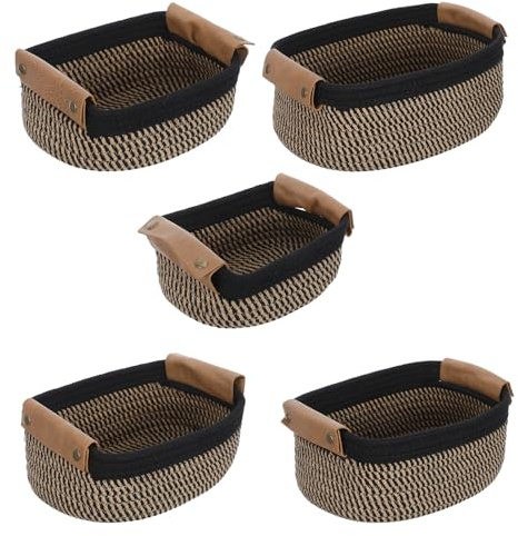 Alipis 5pièces Lot de Paniers Tressés Corde de Coton avec Poignée Pu Paniers Décoratifs Compacts pour Rangement de Jouets Cosmétiques et Accessoires Garçon Fille Organisateurs
