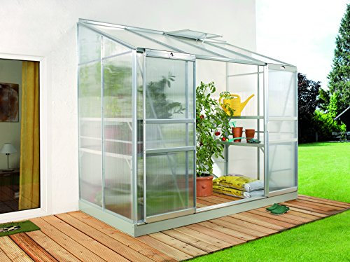 Gartenwelt Riegelsberger Anlehngewächshaus Ida - Ausführung: 3300 HKP 4 mm Alu, Fläche: ca. 3,3 m², mit 1 Dachfenster, Sockelmaß: 1,28 x 2,54 m