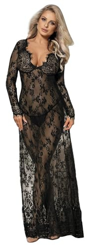 comeondear Damen Kleider Sexy Spitze Lang Langarm V-Ausschnitt Negligee Transparent Schwangerschafts Umstandskleid Reizwäsche Dessous mit G-String