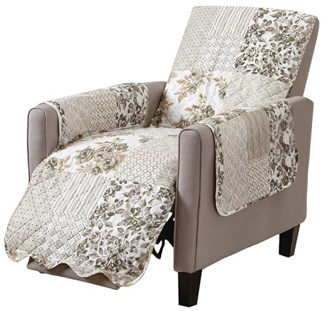 Great Bay Home Reversible Patchwork Recliner Cover - Washable Slipcover Furniture Protector with Elastic Straps - Perfect for Kids & Pets - Box-Stitched Detail (Taupe)
