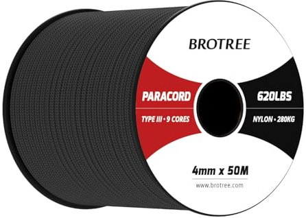 Brotree Paracord 4mm 50M 9 Stränge 100% Nylon Seil Schnüre Typ III für Survival, Outdoor, Heimwerken - Bruchlast 280kg (Schwarz)