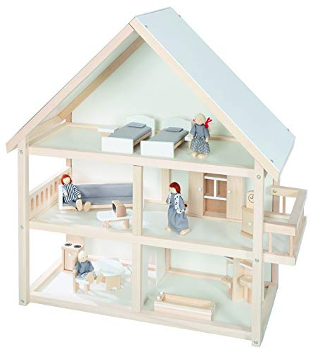 roba Puppenhaus, Puppenvilla inkl. Möbel und Puppen, Mädchen Spielzeug, Holz Natur, 9457BC