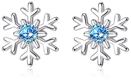 Zolkamery Silber Weihnachten Damen Schmuck Set, 925 Sterling Silber Schneeflocke Halskette Ohrringe Set, 45+5cm Silberkette Anhänger & Schneeflocke Ohrstecker mit 5A Zirkonia, Geschenk zum Weihnachten