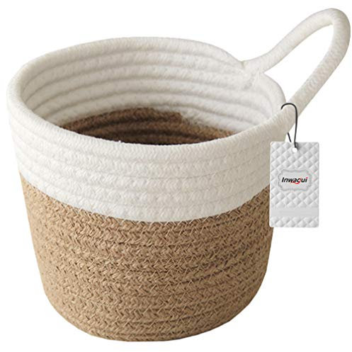 Inwagui Panier à Suspendre en Corde de Coton 16 x 14 cm Petite Panier de Rangement Tissée Pliable Organisateur pour Clés, Maquillages, Chaussette, Décor Maison - Blanc/Jute
