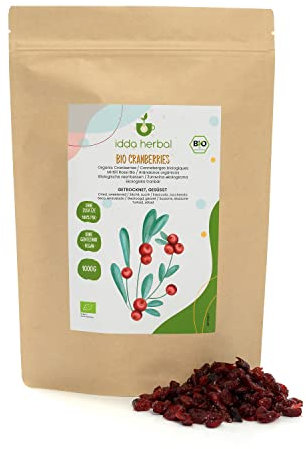 IDDA Herbal Arándanos Rojos Orgánicos Deshidratados 1kg, Ligeramente Endulzados con Jugo de Fruta