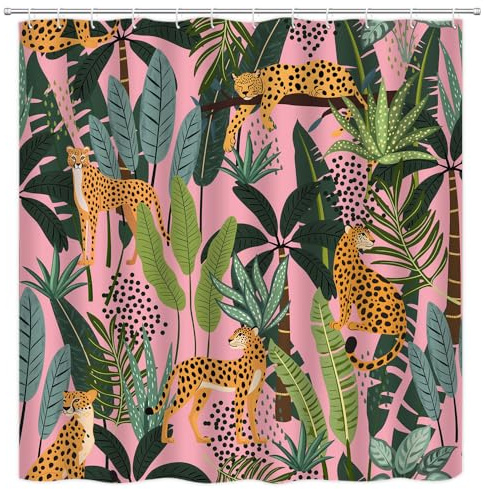 FGYGYK Leopard duschdraperi rosa vilda djur leopard asiatisk gepard tiger tropisk palmblad djungel regnskog växt modern boho polyester gardiner badrumsdekor med krok 178 cm B x 70 H