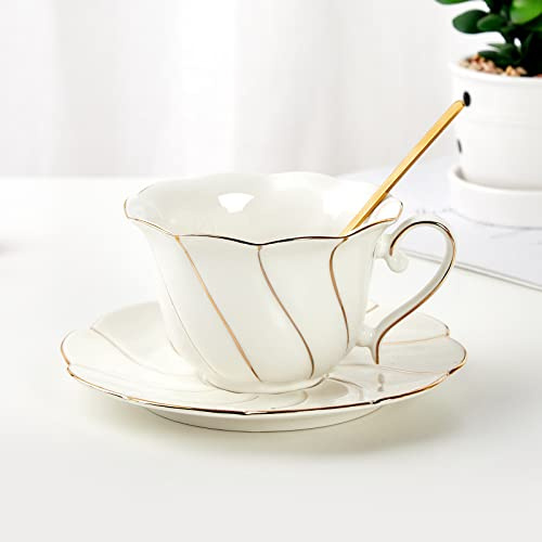 DUJUST Porzellan-Teetasse und Untertasse, luxuriöser britischer Stil, goldener Rand, perfekt für Wohnzimmerdekoration und Teeparty, inklusive Teelöffel
