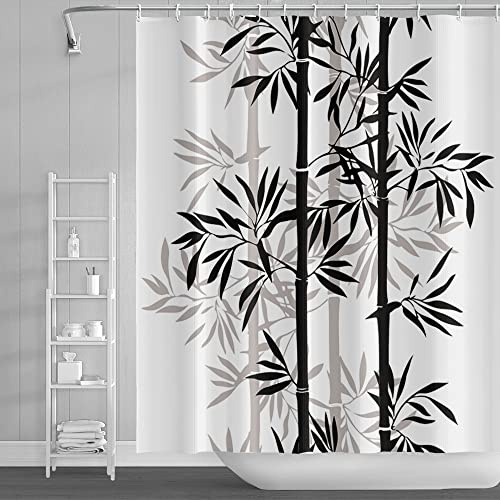 SDOTPMT Rideau de douche motif feuilles de bambou noir et blanc abstrait 105 x 160 cm, rideau de bain classique peinture à l'encre pour enfants, décoration de salle de bain, tissu polyester