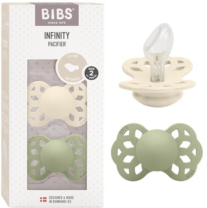 BIBS Infinity Schnuller, 6-18 Monate, 2er-Pack, Ivory/Sage | Anatomischer Sauger | Silikon | Größe 2 | BPA-frei | Hergestellt in Dänemark | Hohe Akzeptanz | Luftlöcher | Komfortschild